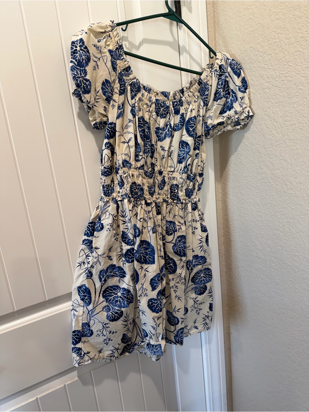 Time and Tru Cream and Blue Floral Puff-Sleeve Mini Dress